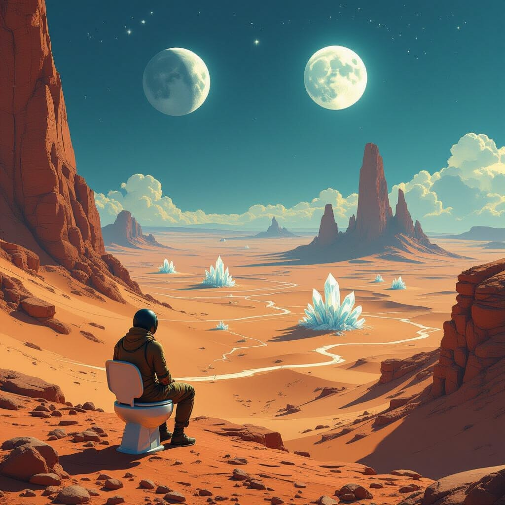 An explorer on a strange planet sits on a toilet still in the space suit