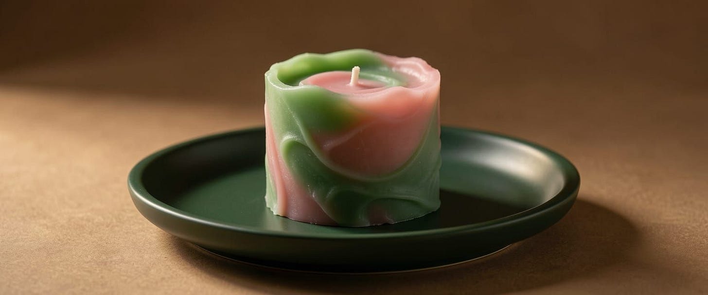 A Green and a pink clarté dinive candle carefully put on an elegant green tray.