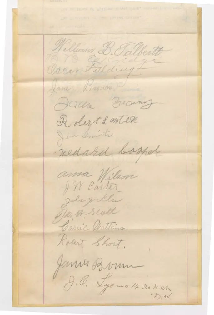 A typewritten letter petitioning for the early release of drag performer and US citizen William Dorsey Swann. Two pages of signatures follow, with penmanship ranging from compact and tidy to loopy and uncertain.