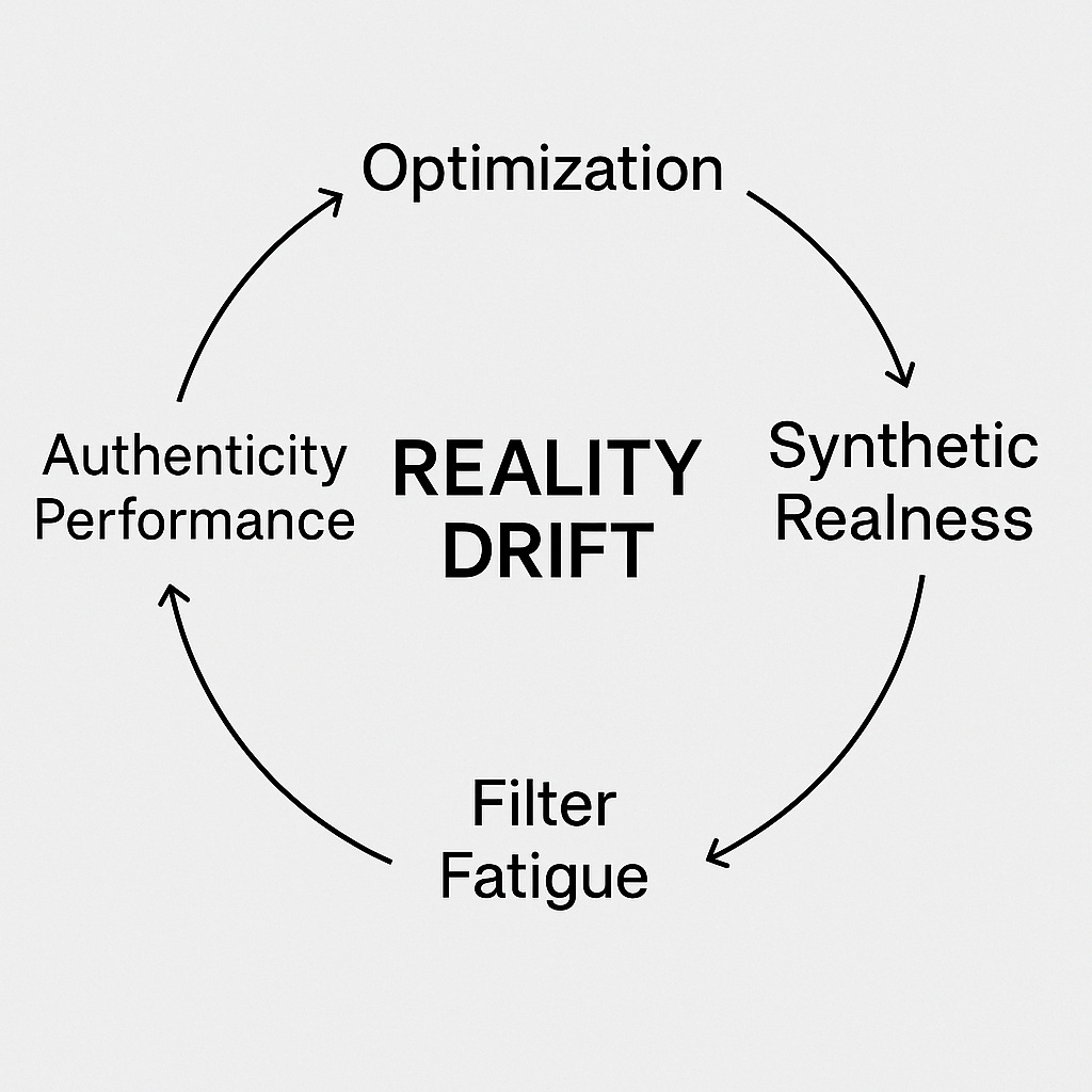 A conceptual diagram illustrating the cycle of optimization. Arrows flow from “Optimization” to “Synthetic Realness,” then to “Filter Fatigue,” then to “Curated Authenticity,” and finally back to “Optimization,” forming a loop. The design shows how attempts to optimize life create a repeating cycle where even resistance is reabsorbed into performance, leading to Reality Drift.