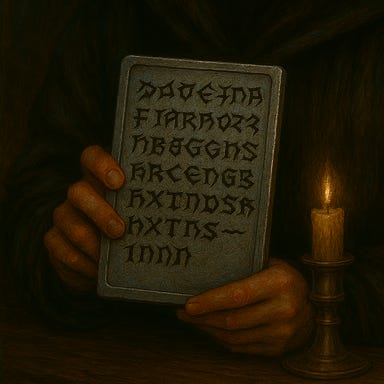 Felonious, a slender and enigmatic figure with tousled dark hair and large expressive eyes, holds a silver tablet in his hand. The tablet is rectangular, slightly curved, and etched with glowing Draconic script—angular, ancient runes that shimmer faintly with arcane energy. The silver surface is polished but weathered, with small nicks and tarnished edges. Felonious wears layered robes of velvet and shadow, and his gaze is intense as he studies the tablet. Candlelight and moonlight illuminate the scene, casting soft reflections on the tablet and highlighting the quiet reverence in his expression. The background is a shadowed study with dark wood paneling and faded tapestries. Felonious, a slender and enigmatic figure with tousled dark hair and large expressive eyes, holds a silver tablet in his hand. The tablet is rectangular, slightly curved, and etched with glowing Draconic script—angular, ancient runes that shimmer faintly with arcane energy. The silver surface is polished but weathered, with small nicks and tarnished edges. Felonious wears layered robes of velvet and shadow, and his gaze is intense as he studies the tablet. Candlelight and moonlight illuminate the scene, casting soft reflections on the tablet and highlighting the quiet reverence in his expression. The background is a shadowed study with dark wood paneling and faded tapestries.