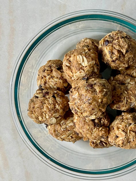 Pistachio protein pancake breakfast bowl, gluten-free chocolate chip banana walnut muffins, peanut butter cacao energy balls