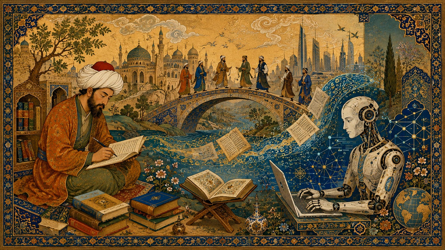 Ilustración de estilo miniatura árabe-persa que muestra, a la izquierda, a un traductor sentado entre libros y manuscritos y, a la derecha, a un humanoide que representa la inteligencia artificial frente a un ordenador. Entre ambos, un puente, páginas en movimiento y motivos caligráficos simbolizan la circulación del saber y de la traducción.