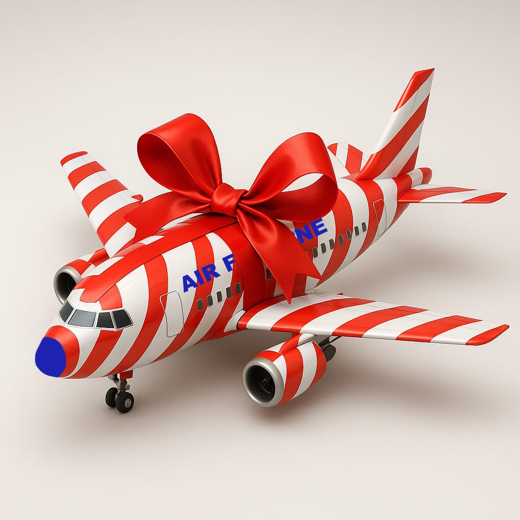 A gift-wrapped airplane wrapped with a large red bow and the words “Air Force One” partially visible beneath the ribbon