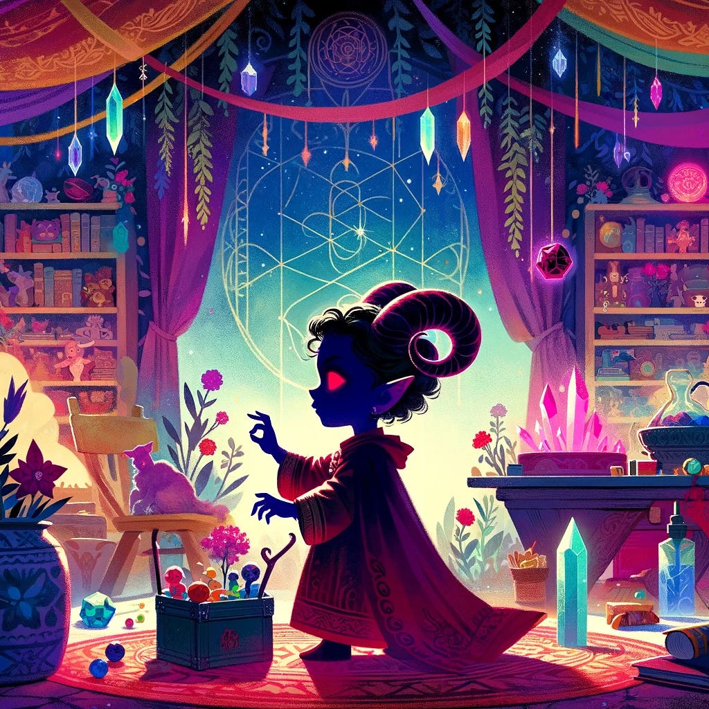 In a mystical and colorful nursery, a two-year-old tiefling girl, Seraphina, is depicted as a silhouette with distinct tiefling horns, characteristic of her race, and crimson eyes. The nursery is filled with magical items like sparkling crystals and ancient tomes, reflecting her mother's work as a fortune teller. Seraphina, in her silhouette form, is playing with toys and trinkets, her imagination creating her own little kingdom. The setting is whimsical and enchanting, with a magical ambiance, symbolizing her early creativity and independence, and foreshadowing her complex nature in her adult life.