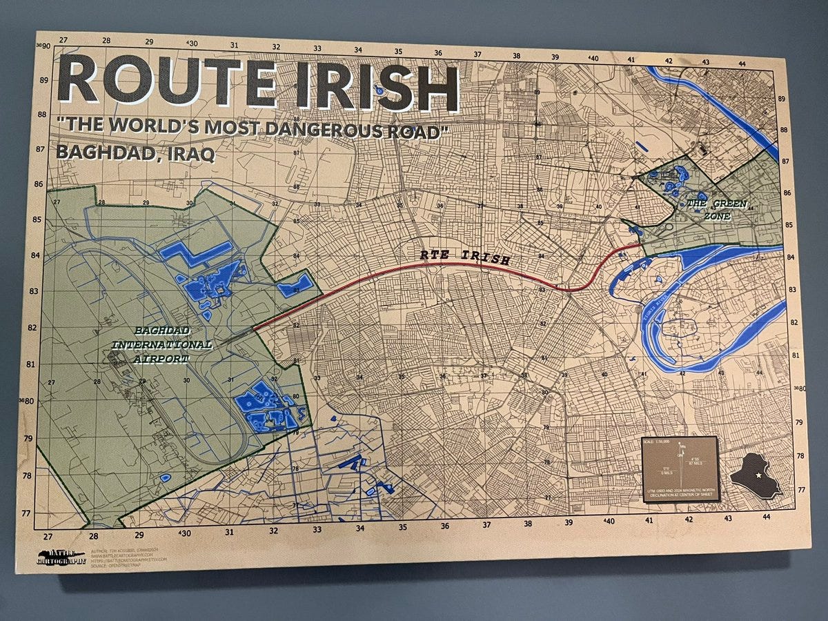 I got a map of Route Irish from https://t.co/5LQmQP2ipB . This was the road  I used to drive down in Iraq - 7.5 miles (12K) of the “most dangerous road  in the