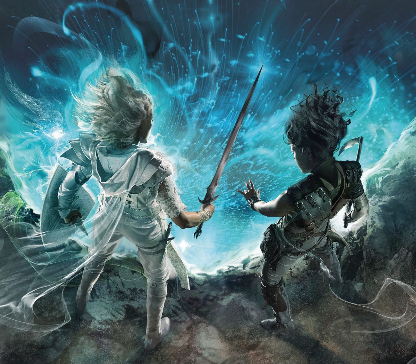 A cropped section from the Witchligh cover showing Safi and Iseult staring into bright blue (and unclear-what-it-is) space filled with stars and a blue glow