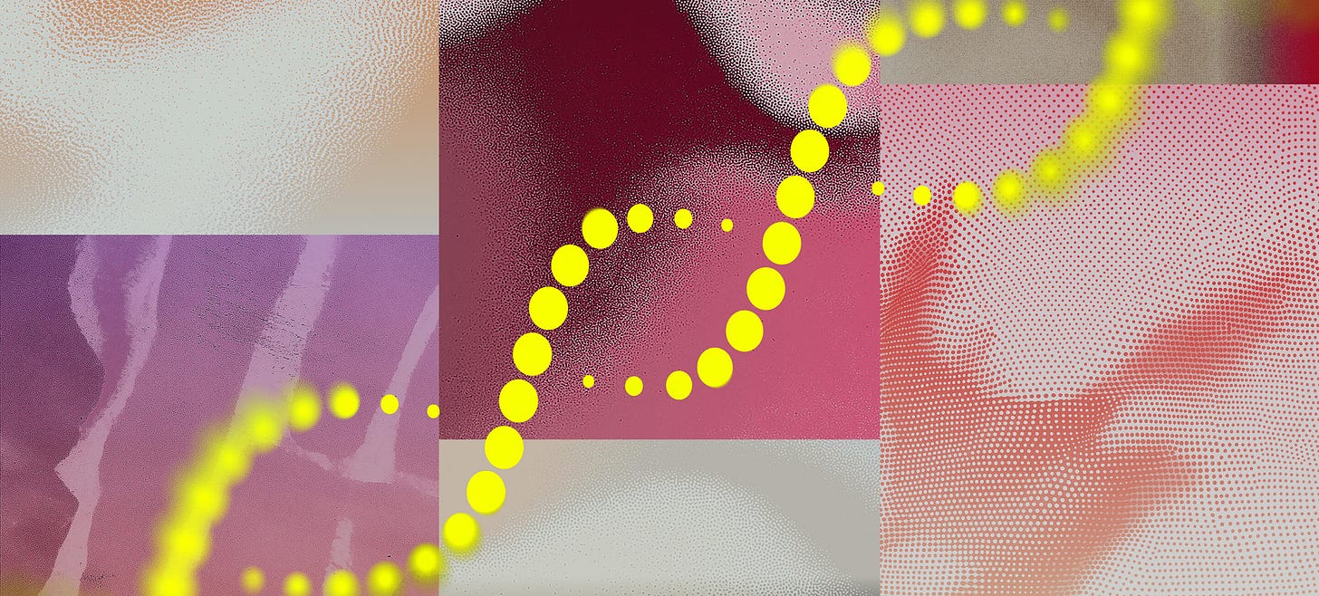Abstract artwork featuring a yellow dotted spiral resembling a DNA helix overlaying textured squares in shades of pink, red, cream, and purple with varied patterns and gradients.