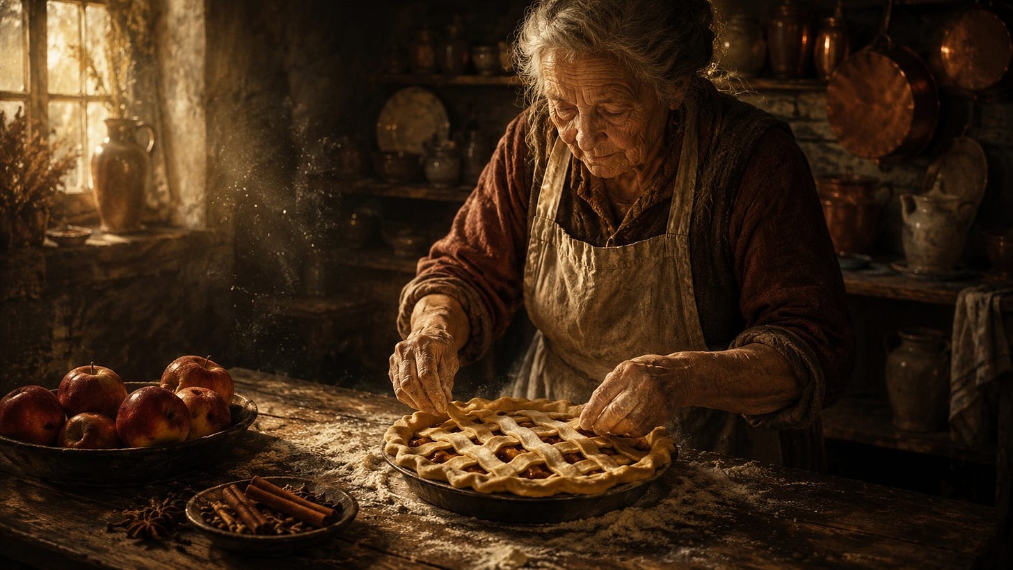 An elderly woman in a worn linen apron stands at a scrubbed wooden table in a dim country kitchen, carefully pressing a lattice crust over an apple pie. Warm late afternoon light streams through a small window, catching flour in the air and glinting off copper pots and earthenware. A small dish of cinnamon sticks and cloves rests beside a bowl of red apples, giving the scene a quiet sense of inherited wisdom and tradition.