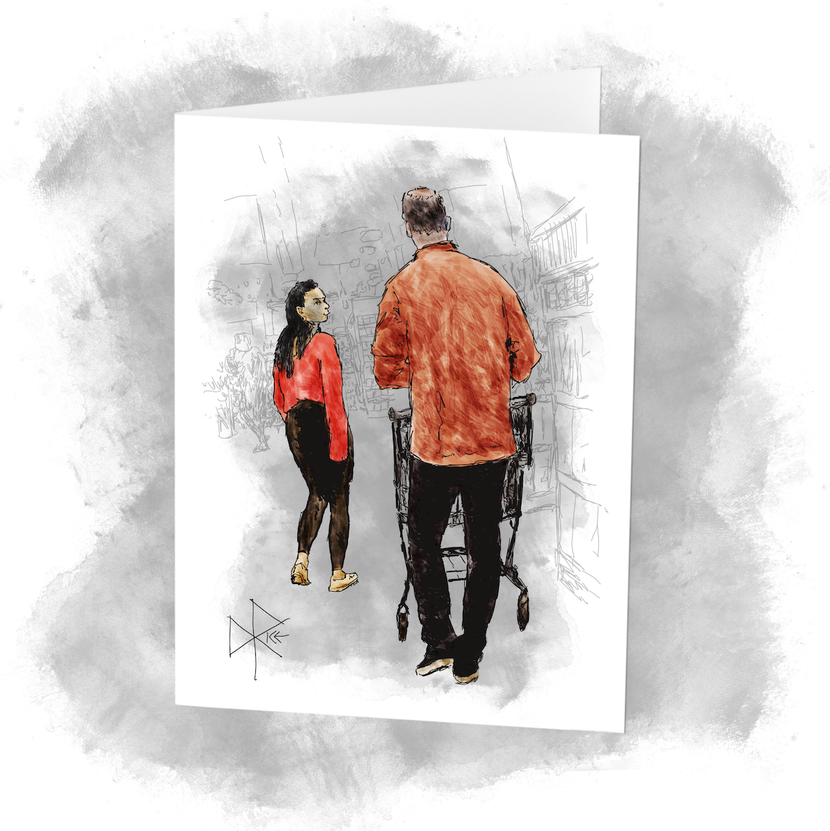 Seen from behind, a woman looks over her shoulder at the man behind her, who is pushing a shopping cart. Sketch art by Don Rice.