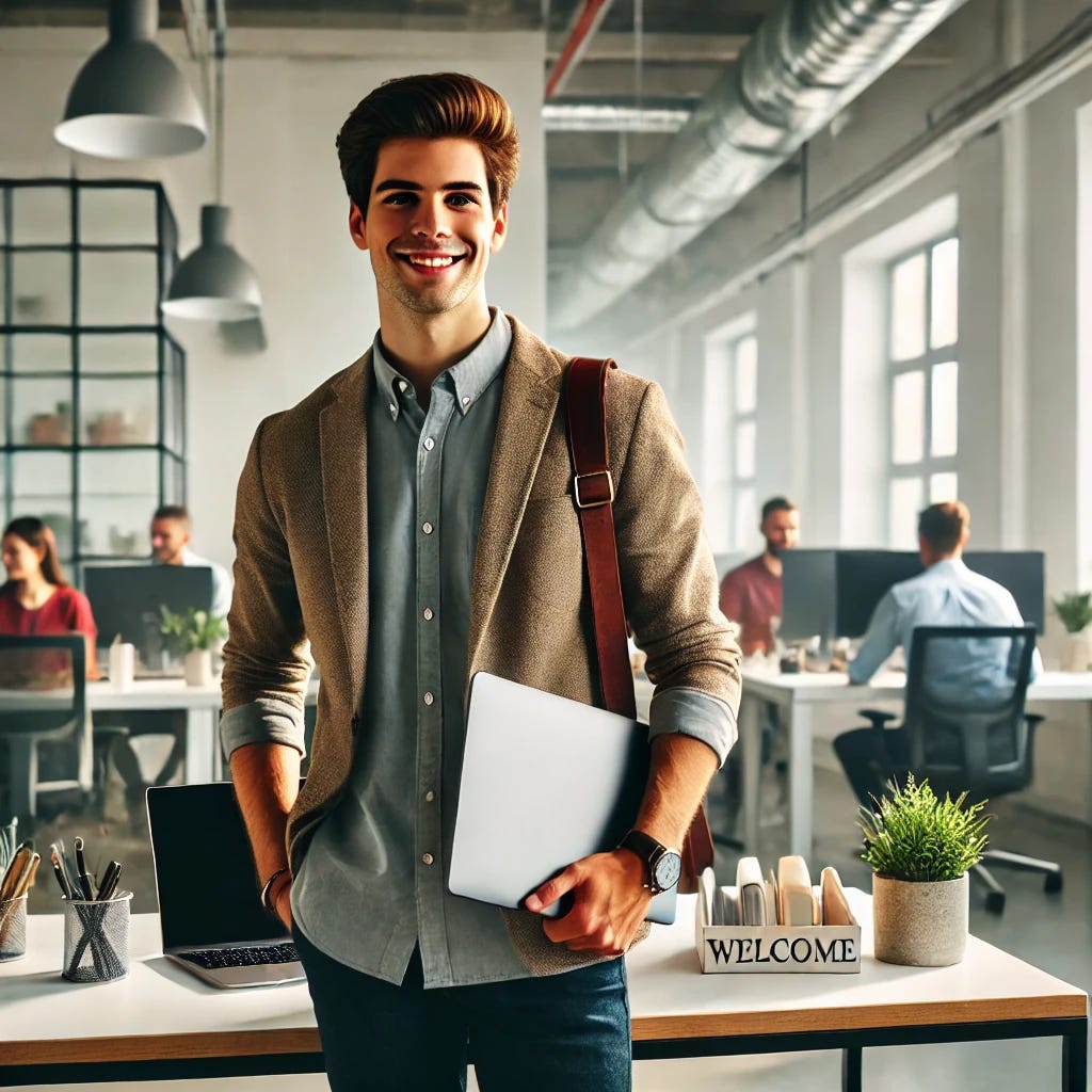 A young professional on their first day at a new job, standing confidently in a modern office environment. They are dressed in business-casual attire, holding a laptop or a notebook, and have a welcoming smile. The workspace features a clean, organized desk with a few personal touches like a coffee mug and a welcome folder. The background shows colleagues working at their desks, large windows with natural light, and a few plants, creating a warm and inviting atmosphere. The scene reflects the excitement and nervousness of starting a first job.