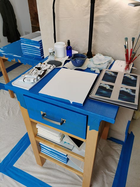Various working set ups, experiments, and artworks made with the art materials my body no longer tolerates.