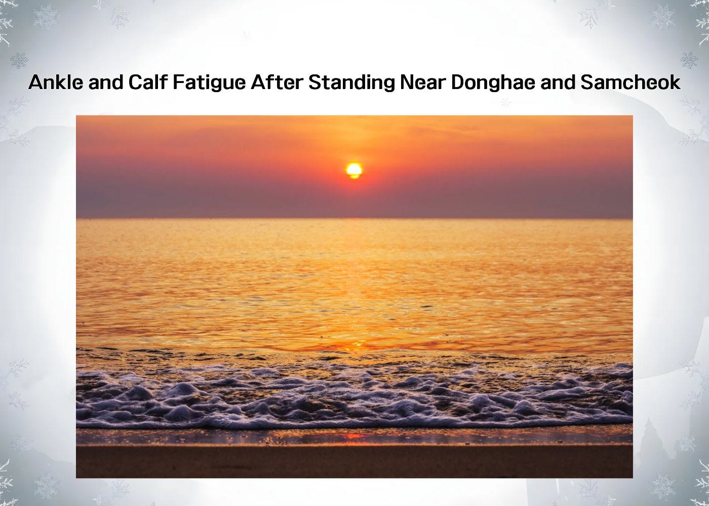 A calm coastal sunset representing ankle and calf fatigue after standing near Donghae and Samcheok