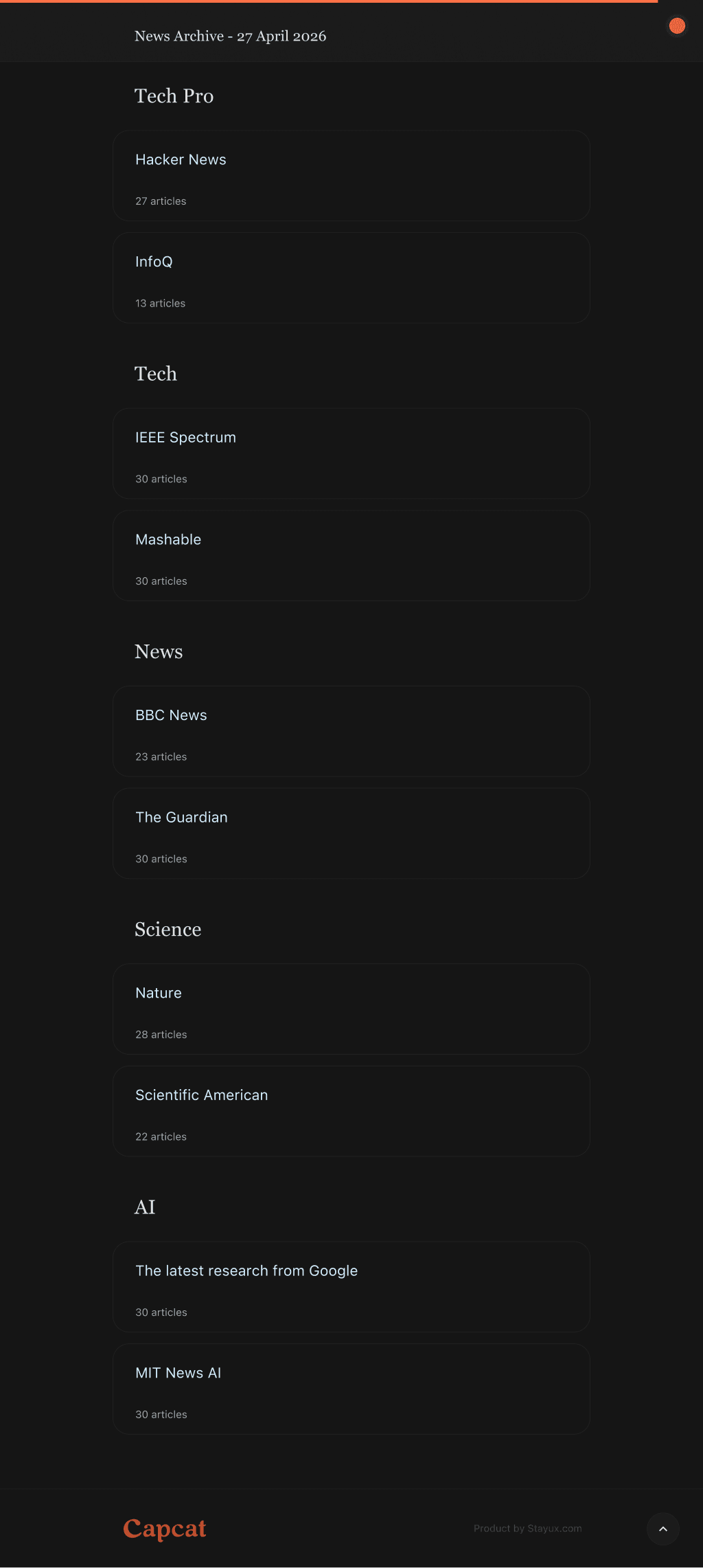 Capcat HTML Output - Index view (dark theme)