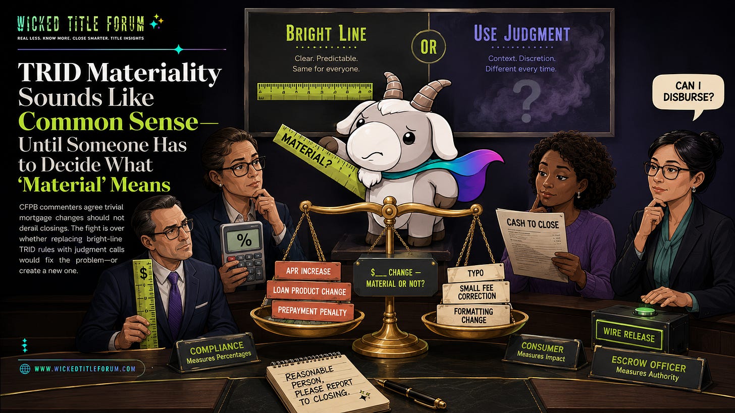 CFPB is considering materiality standards for TRID redisclosures and waiting periods. Lenders see a way to eliminate pointless delays; title, escrow and consumer advocates warn that vague materiality rules could create dangerous uncertainty.