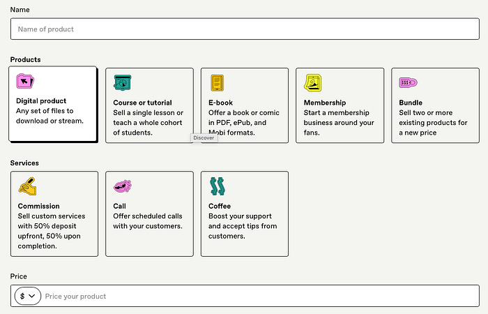 Gumroad interface for creating digital products and services like eBooks, courses, calls, and memberships on a creator platform. Gumroad interface for creating digital products and services like eBooks, courses, calls, and memberships on a creator platform.