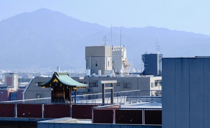 Japanese shrine in Kyoto skyline