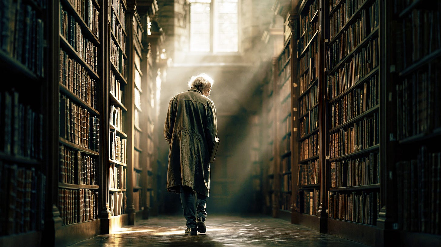 An older man pauses at the end of a quiet library aisle, sunlight illuminating rows of books as he reflects on how perspective changes what we see. An older man pauses at the end of a quiet library aisle, sunlight illuminating rows of books as he reflects on how perspective changes what we see.
