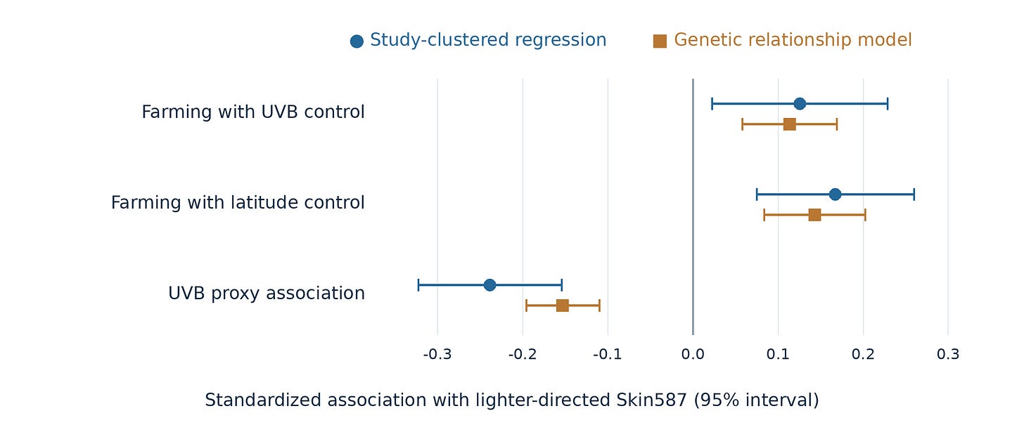 Standardized betas and 95% intervals for the same 6,643 records. Blue circles use study-clustered regression; brown squares use the genetic relationship model. The main model includes the UVB proxy; the latitude model is a separate sensitivity. Higher Skin587 points towards lighter pigmentation. Interval methods differ. Tap or click to enlarge.