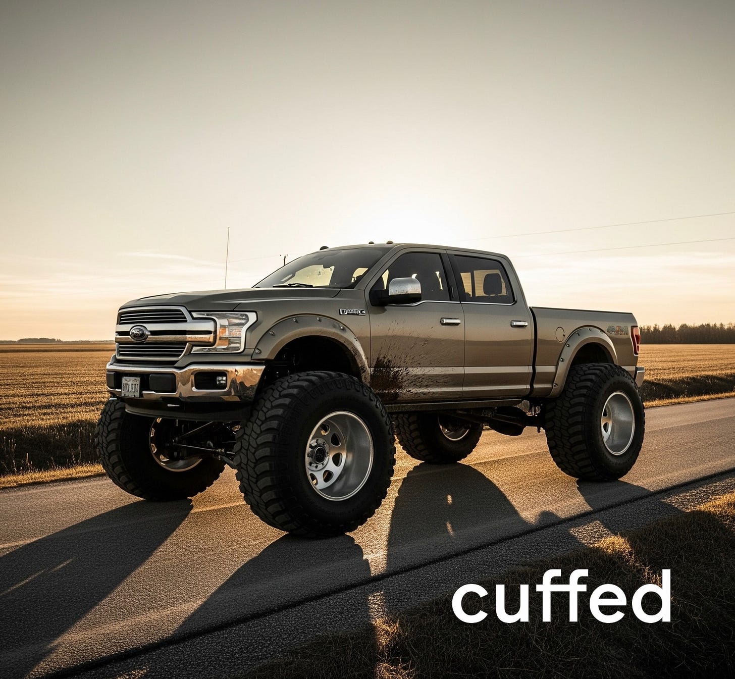 A caricature-style image of an oversized jacked-up pickup truck with exaggerated tires and lift kit, symbolizing hyper-masculinity and overcompensation.