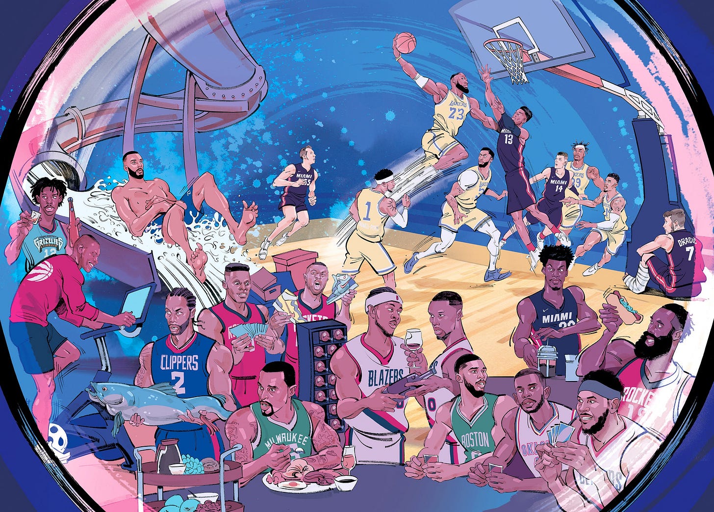illustration of nba players in the bubble