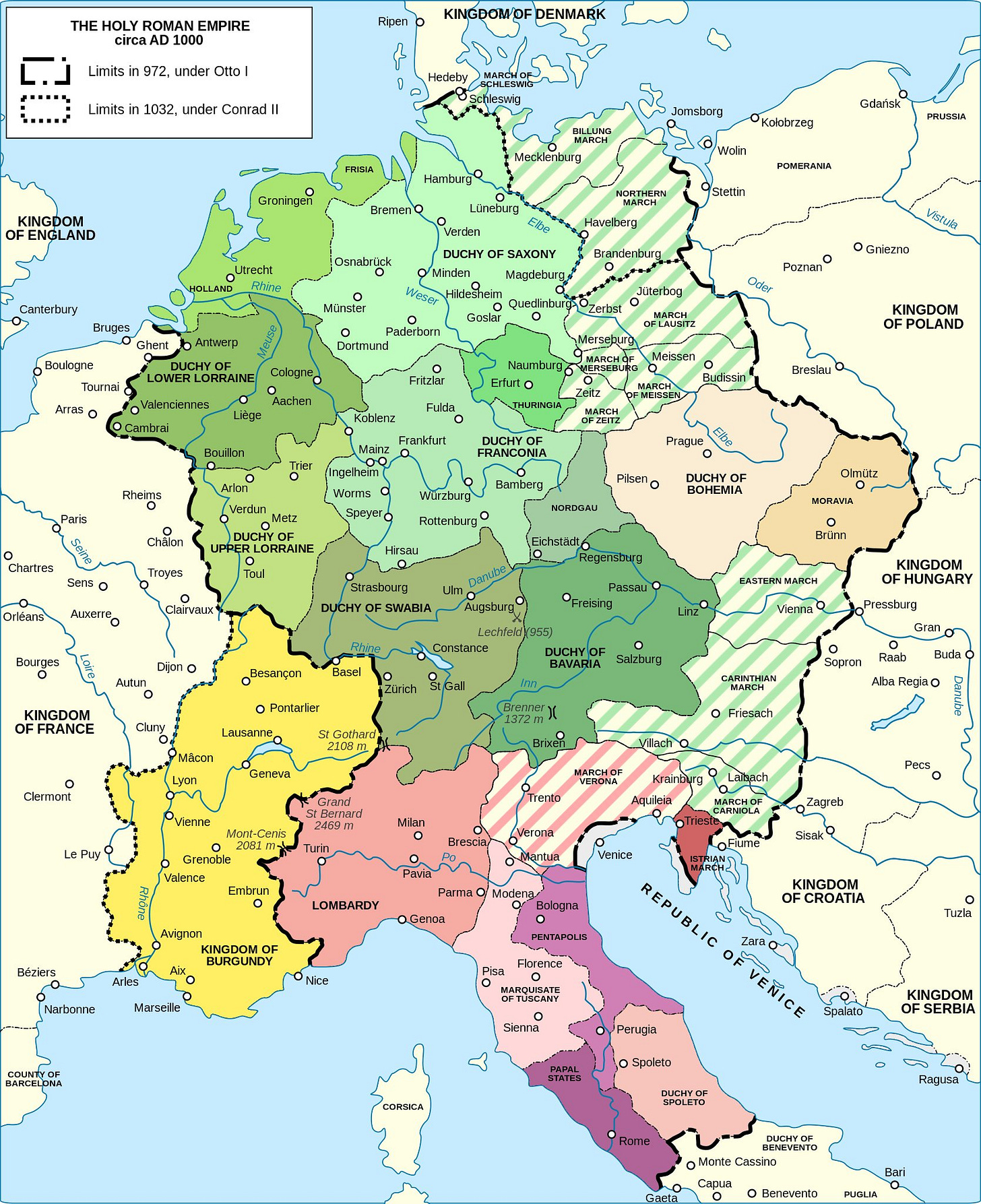 Map illustrating the territorial boundaries of the Holy Roman Empire circa AD 1000. The map uses different colors and patterns to distinguish territories at two different points in time: the limits in 972 under Otto I, and the limits in 1032 under Conrad II. Surrounding the Holy Roman Empire are labeled regions and kingdoms such as the Kingdom of Poland, Kingdom of Hungary, and Kingdom of France. Major cities, rivers, and geographic landmarks are indicated throughout the map, with duchies and regions like Saxony, Bavaria, and Lombardy prominently labeled. Map illustrating the territorial boundaries of the Holy Roman Empire circa AD 1000. The map uses different colors and patterns to distinguish territories at two different points in time: the limits in 972 under Otto I, and the limits in 1032 under Conrad II. Surrounding the Holy Roman Empire are labeled regions and kingdoms such as the Kingdom of Poland, Kingdom of Hungary, and Kingdom of France. Major cities, rivers, and geographic landmarks are indicated throughout the map, with duchies and regions like Saxony, Bavaria, and Lombardy prominently labeled.