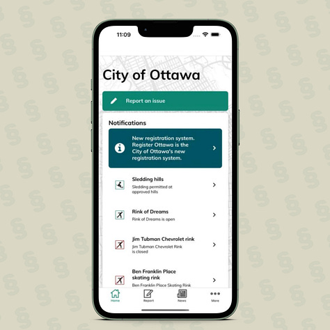 Three screenshots of Ottawa's 3-1-1 iOS Mobile App