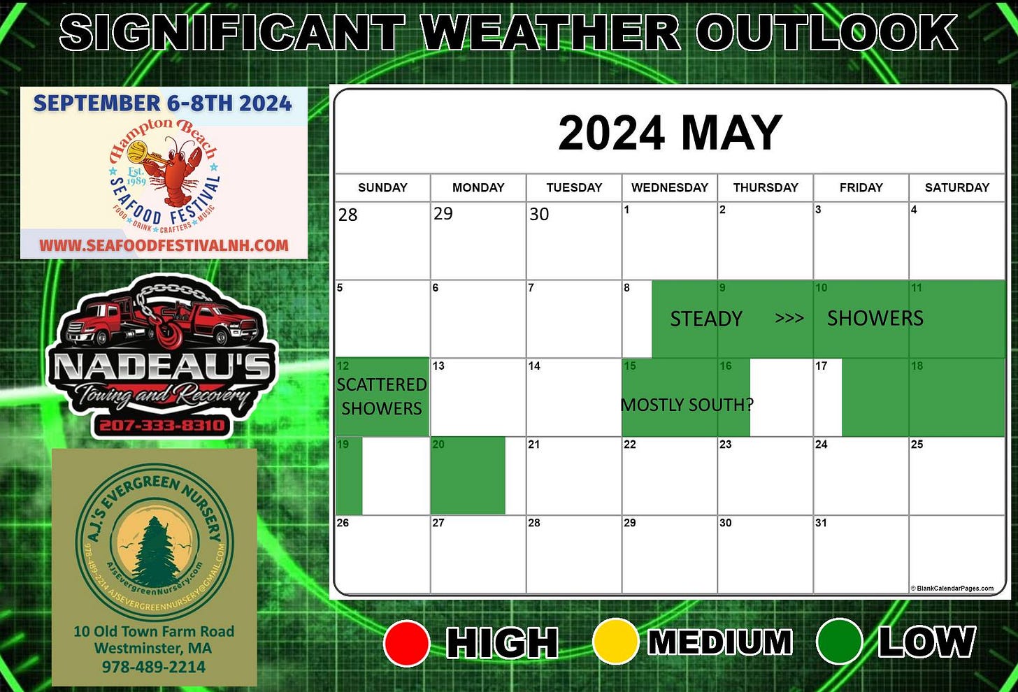 May be an image of map and text that says 'SEPTEMBER 6-8TH 2024 SIGNIFICANT WEATHER OUTLOOK Est. AFOOO 00g FAFOR FES FESMBSE CRAFTER: WWW.SEAFOODFESTIVALNH.COM SUNDAY MONDAY 28 2024 MAY 29 TUESDAY 30 WEDNESDAY THURSDAY FRIDAY 3 SATURDAY NADEAU'S ToningandRocovery 207-333-8310 14 13 SCATTERED SHOWERS STEADY >>> SHOWERS 17 20 18 21 MOSTLY SOUTH? 22 23 26 SWVERGREEN STRINCATUNNUN NINE សមចុតនកយហាត្ដបតាស្ស្តតត HON 24 27 28 25 29 30 100ld Town Farm Road Westminster, Westminster,MA A 978-489-2214 31 HIGH @BerkCeknda:Pogea.com MEDIUM LOW LOW' May be an image of map and text that says 'SEPTEMBER 6-8TH 2024 SIGNIFICANT WEATHER OUTLOOK Est. AFOOO 00g FAFOR FES FESMBSE CRAFTER: WWW.SEAFOODFESTIVALNH.COM SUNDAY MONDAY 28 2024 MAY 29 TUESDAY 30 WEDNESDAY THURSDAY FRIDAY 3 SATURDAY NADEAU'S ToningandRocovery 207-333-8310 14 13 SCATTERED SHOWERS STEADY >>> SHOWERS 17 20 18 21 MOSTLY SOUTH? 22 23 26 SWVERGREEN STRINCATUNNUN NINE សមចុតនកយហាត្ដបតាស្ស្តតត HON 24 27 28 25 29 30 100ld Town Farm Road Westminster, Westminster,MA A 978-489-2214 31 HIGH @BerkCeknda:Pogea.com MEDIUM LOW LOW'