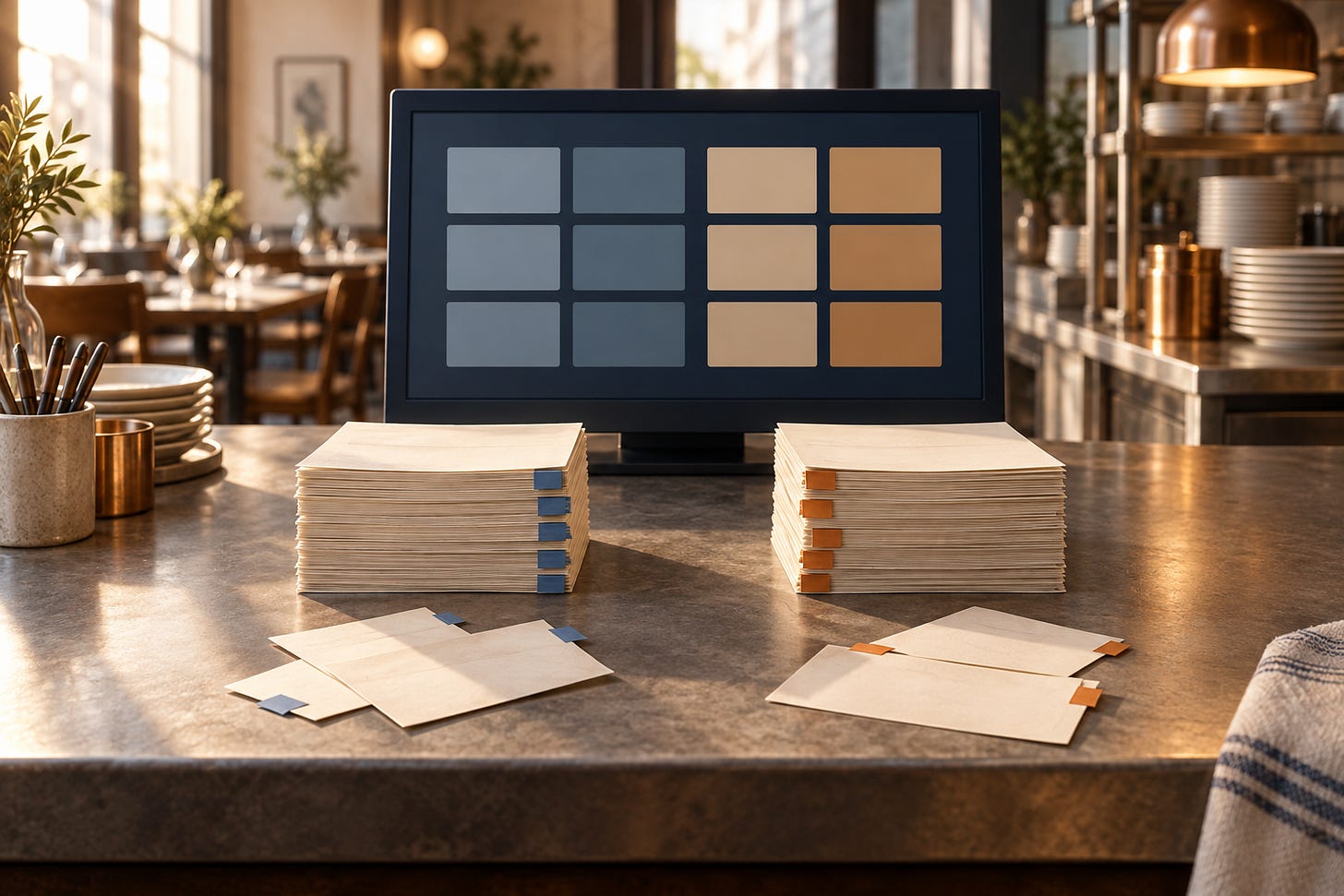 Conceptual illustration of restaurant records arranged beside an abstract reporting screen.