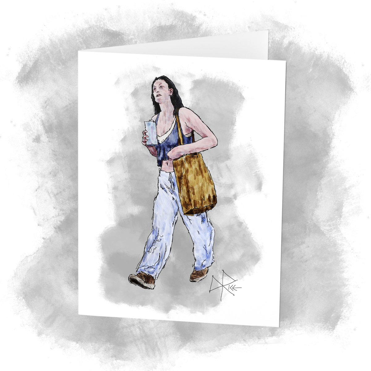 A woman walking with a canvas shopping bag slung over one crooked forearm and holding a beverage carton in her other hand. Sketch art by Don Rice.