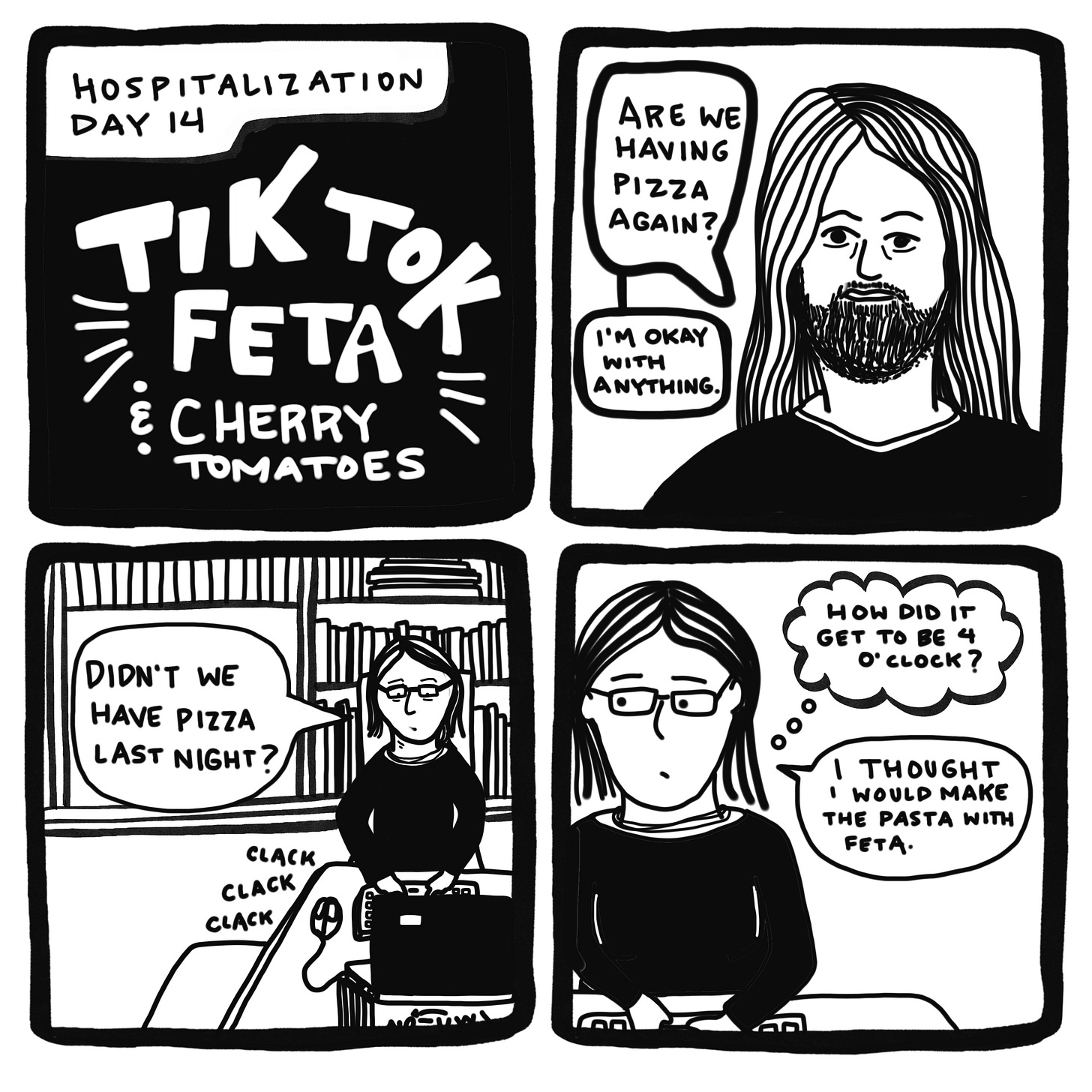 Panels 1-4 of a graphic novel set showing the making of Baked Feta Pasta