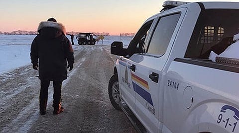 Manitoba RCMP officer patrol an area close to the US border in a 2022 photo