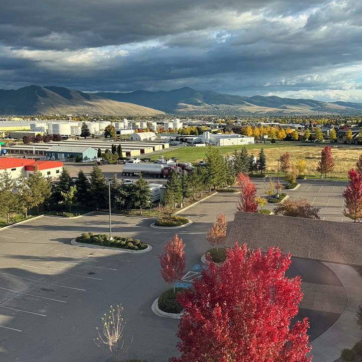 Views from a hotel room in Montana and South Dakota