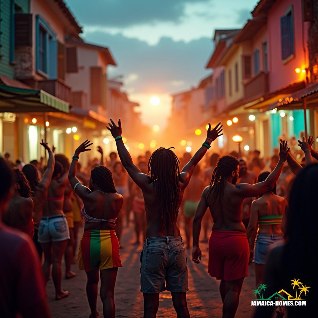 A lively street scene in Jamaica during a traditional sound system event.