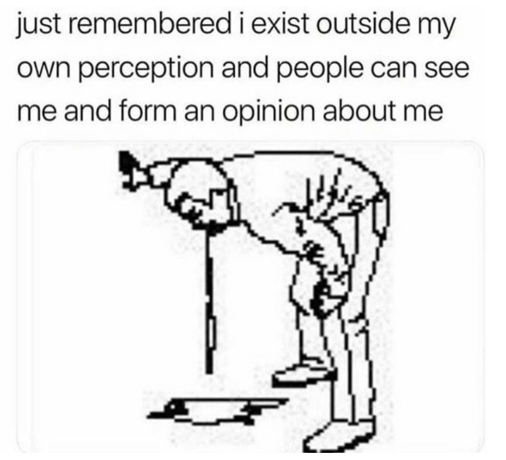 Meme says "just remembered I exist outside my own perception and people can see me and form an opinion about me" Meme says "just remembered I exist outside my own perception and people can see me and form an opinion about me"
