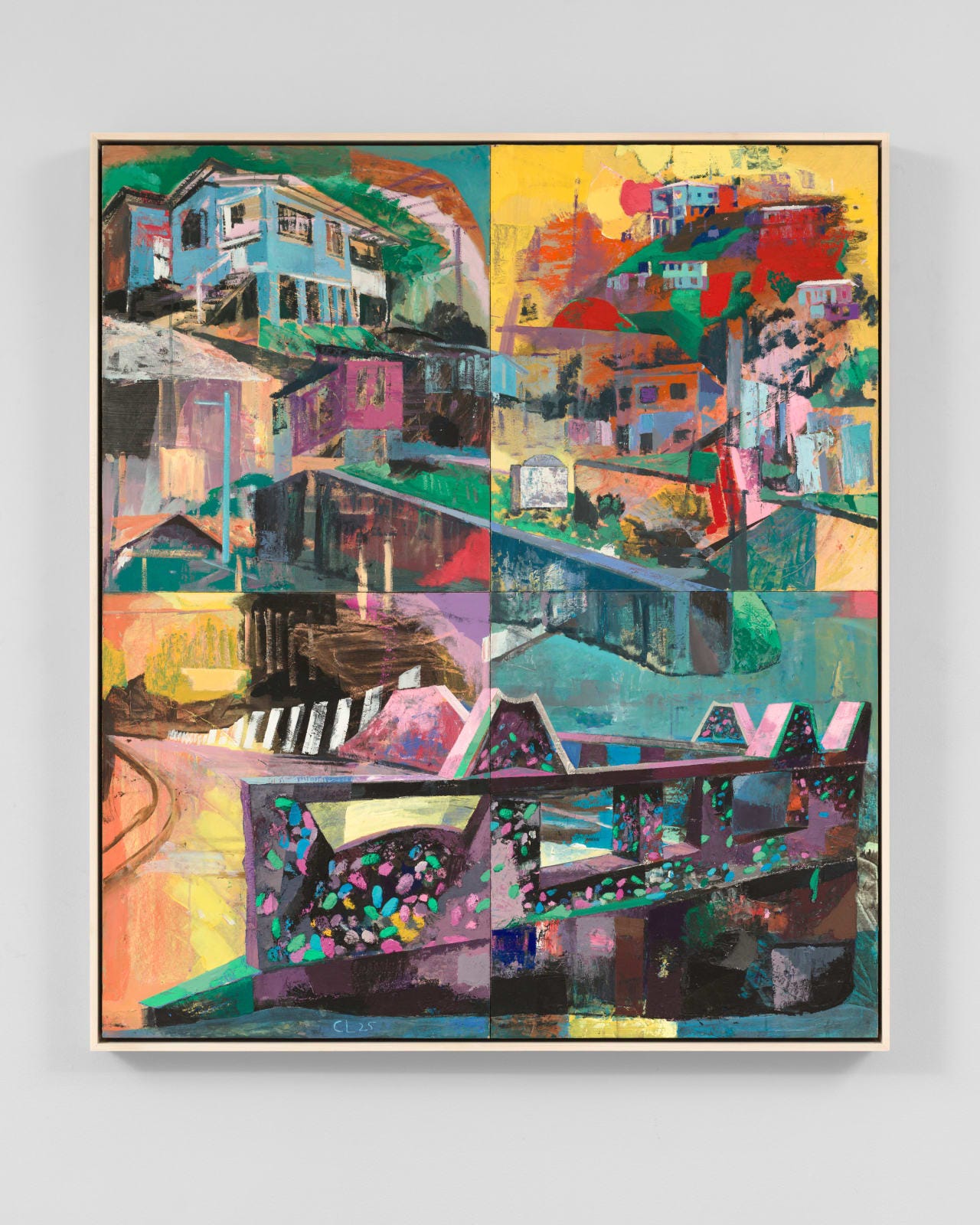 Che Lovelace, Composition with Decorated Stone Wall, Hills and Houses, 2025 Che Lovelace, Composition with Decorated Stone Wall, Hills and Houses, 2025