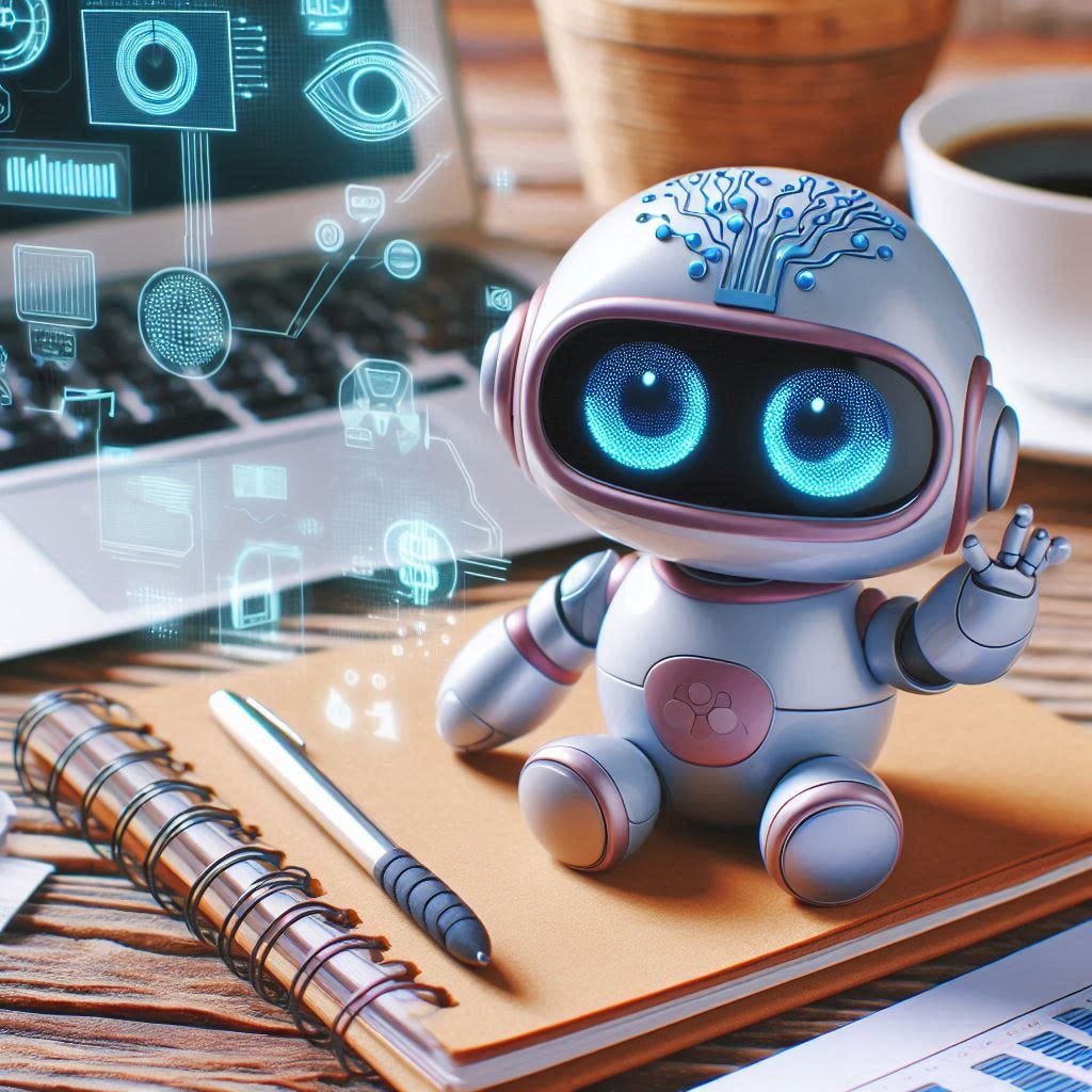 inteligencia artificial fofa para um blog, na frente de um notebook