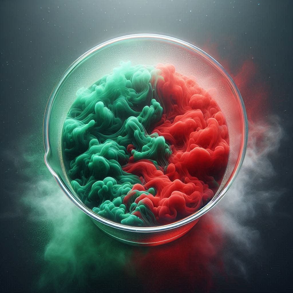 A beaker containing two coloured fluids