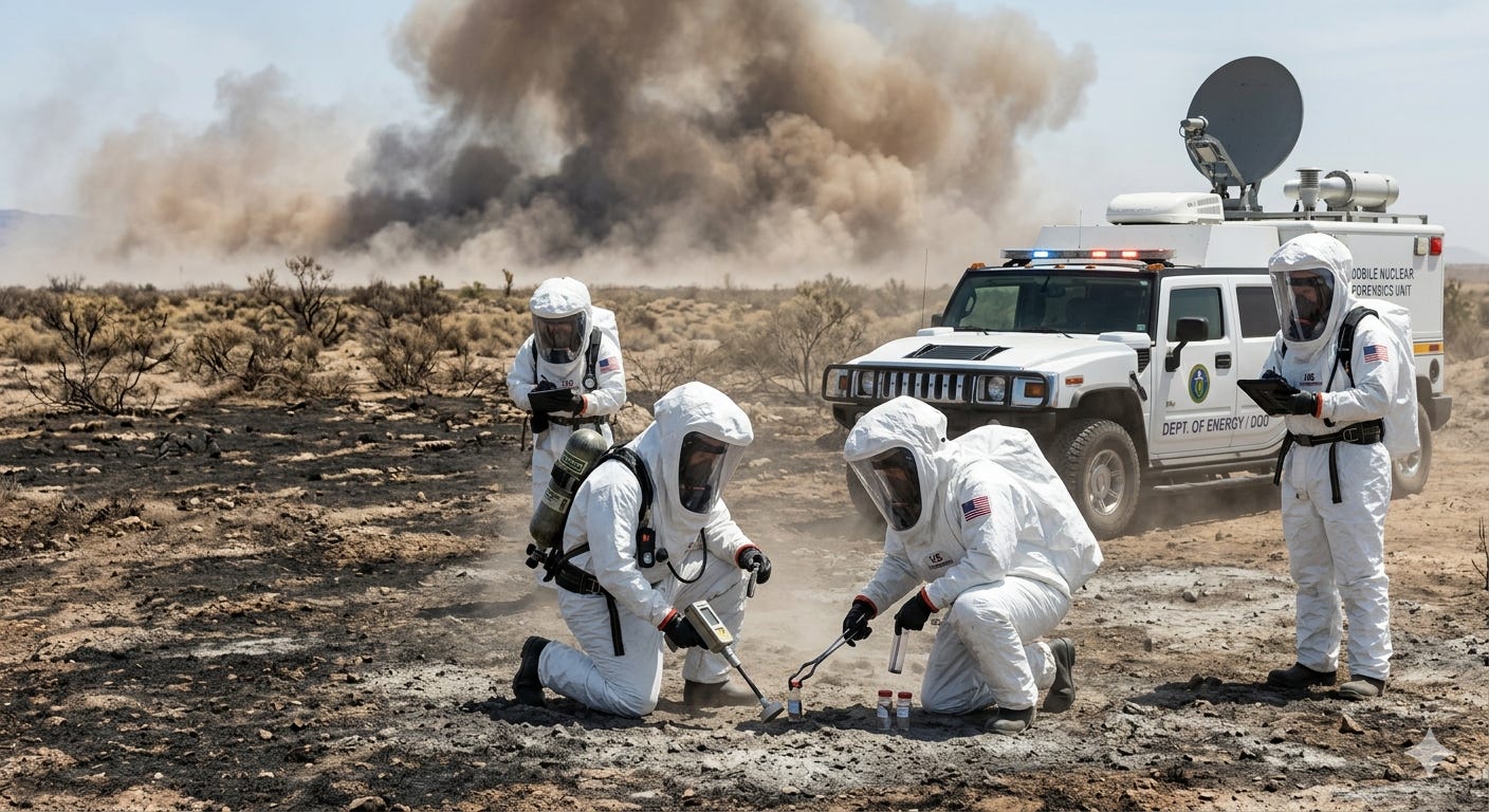 In a desert landscape with scorched ground and scrub, four people in white hazmat suits with U.S. flag patches collect samples from the soil as a large plume of dark smoke rises in the background. A white “Dept. of Energy / DOD” vehicle labeled “Mobile Nuclear Forensics Unit,” equipped with a roof satellite dish and flashing lights, is parked nearby while one team member monitors a handheld device.