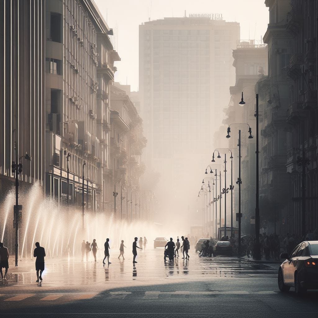 People cool off themselves on fountains during a heatwave in a city somewherE in the world.  Image generated by AI 