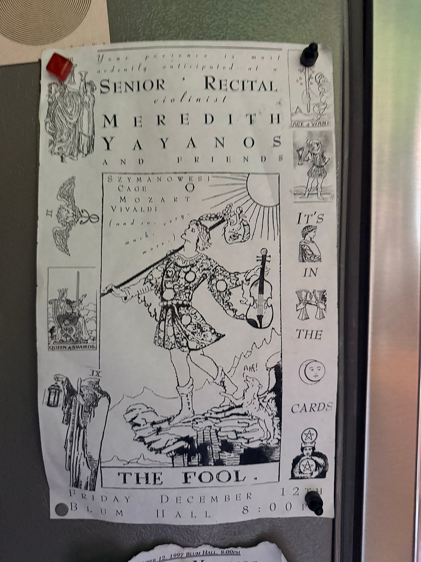 A black-and-white poster for Meredith Yayanos and Friends’ senior recital, titled “It’s in the Cards,” featuring The Fool tarot illustration playing a violin, surrounded by smaller tarot images and musical references. A black-and-white poster for Meredith Yayanos and Friends’ senior recital, titled “It’s in the Cards,” featuring The Fool tarot illustration playing a violin, surrounded by smaller tarot images and musical references.