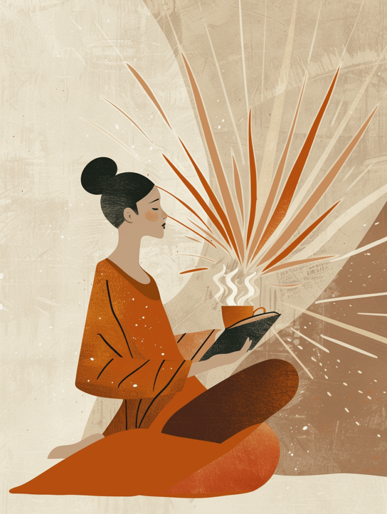 Digital editorial illustration of a midlife woman sitting calmly with a book and a steaming cup of tea, surrounded by abstract radiant lines, symbolising clarity, balance, and peace of mind.