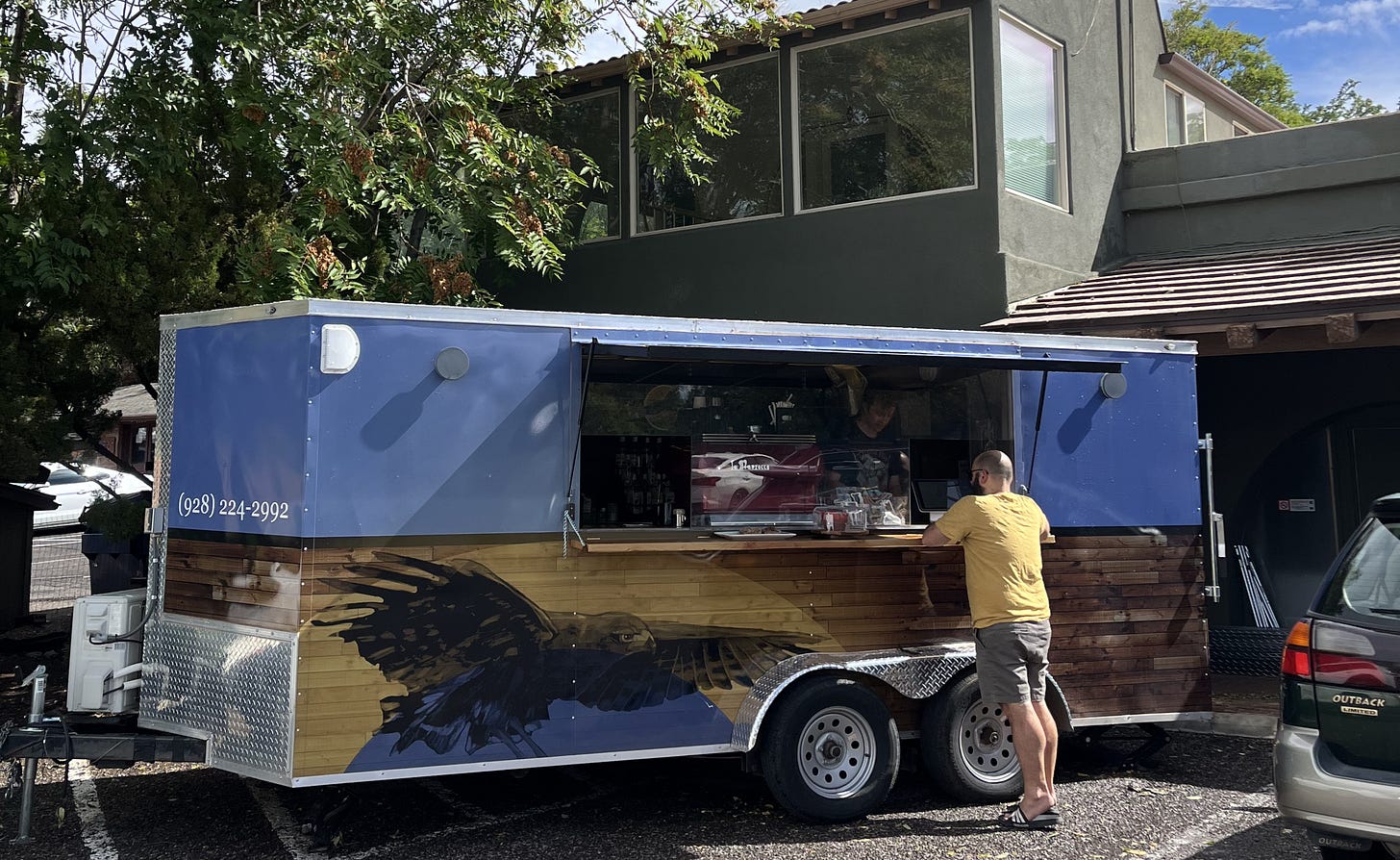 The Blackhawk Coffee cart at Twice Nice Thriftique in Sedona, a local secret for organic espresso and thrifting.