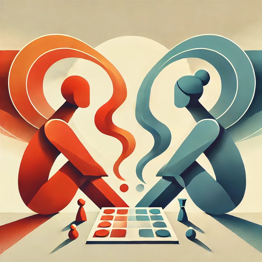 A minimalistic and semi-abstract illustration representing two abstract human-like figures playing a game, symbolizing creativity and interaction in an improv class or the art of conversation. One figure is in warm tones (orange/red), and the other in cool tones (blue/green). They are seated across from each other, with a simple game board or pieces between them. Dynamic, flowing shapes represent the exchange of ideas and collaboration. The background is neutral with soft gradients to emphasize the connection. The style is clean, modern, and uses geometric shapes.