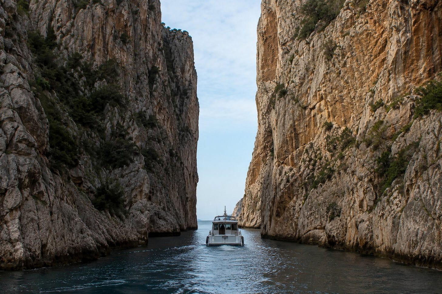A boat navigating through a narrow gorge A boat navigating through a narrow gorge