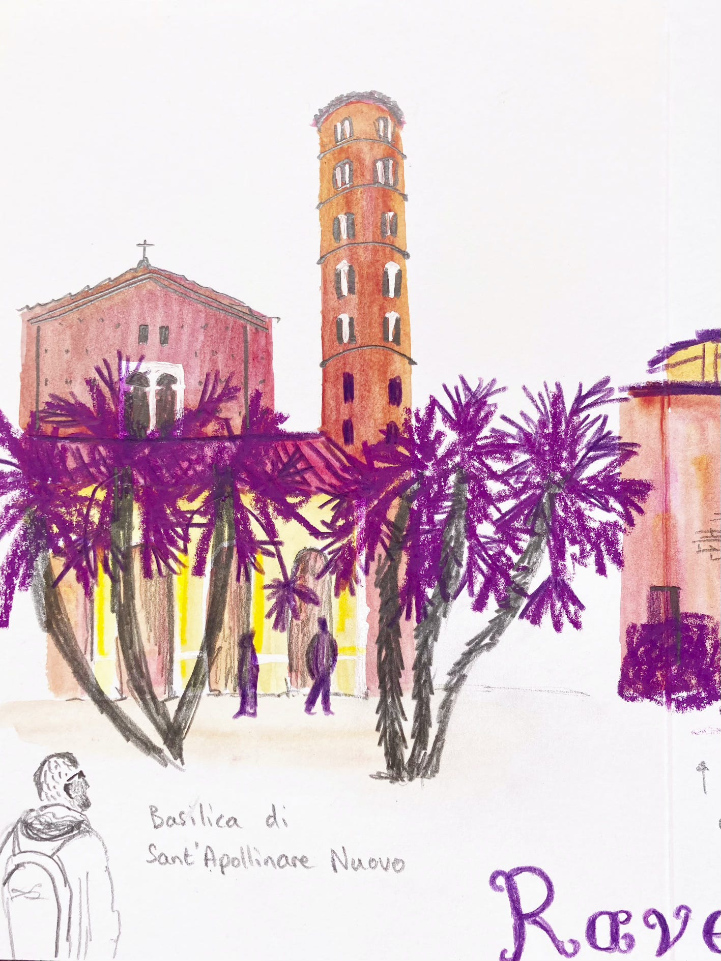 Purple and yellow watercolour and pencil sketch by Illustrator Hannah Sanguinetti of the Basilica di Sant’Apollinare Nuovo in Ravenna, Italy.