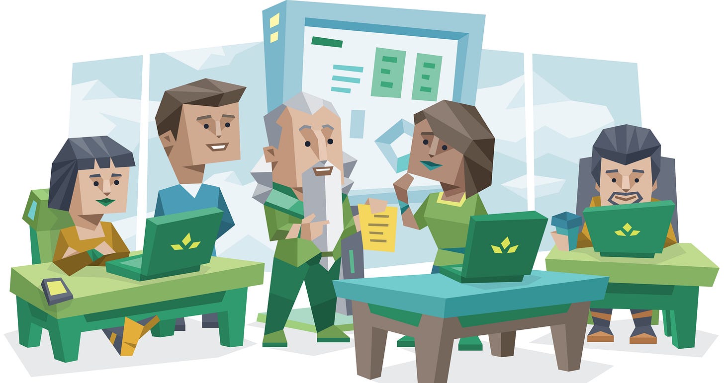 Illustration of a team working together in an office. Several people use laptops and review documents while standing and sitting around desks, collaborating in front of a large screen displaying charts and data. Illustration of a team working together in an office. Several people use laptops and review documents while standing and sitting around desks, collaborating in front of a large screen displaying charts and data.