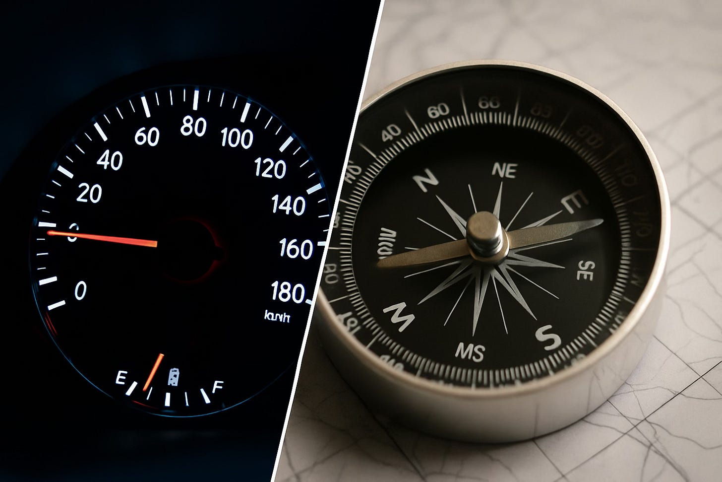 A split horizontal image: on the left, a glowing car speedometer in the dark; on the right, a silver compass resting on a map. The contrast symbolizes the difference between measuring speed and measuring direction.