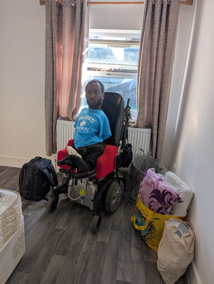 Isaac leaving his temporary accommodation and respite place