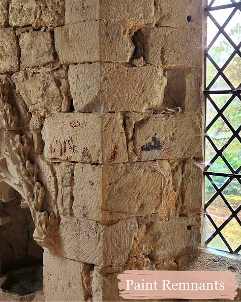Nine pictures showing the interior of Old Soar Manor including exposed beam ceilings, original doors, a font for the chapel, and remnants of wall paintings